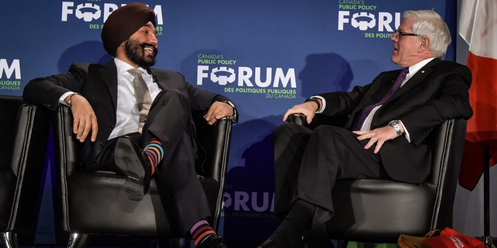 Minister Navdeep Bains and John Manley, former Minister of Industry under the Chrétien government, talk growth at the Summit hosted by the PPF on October 12, 2016