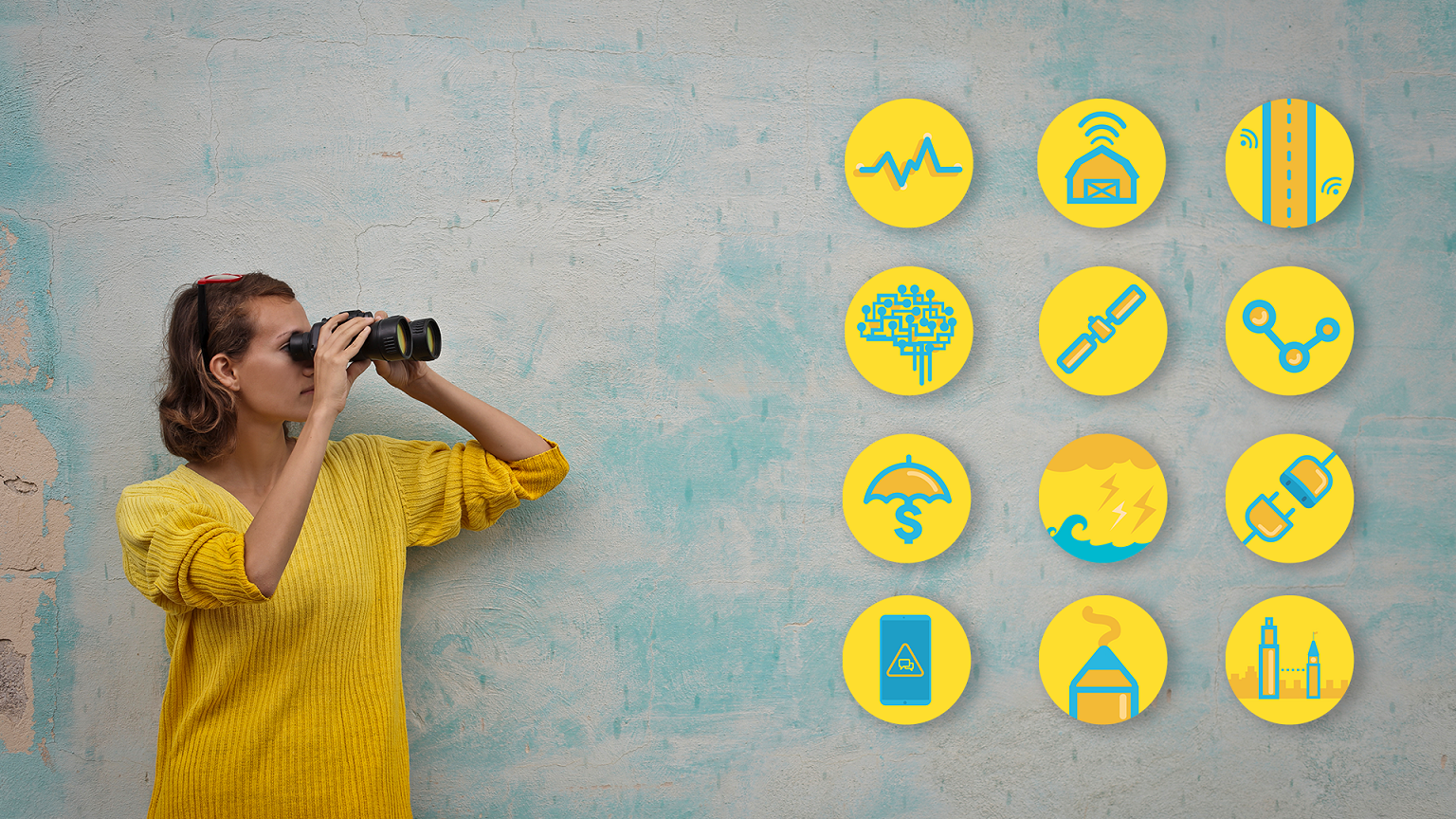 woman looks with binoculars at 12 icons depicting topics on the series