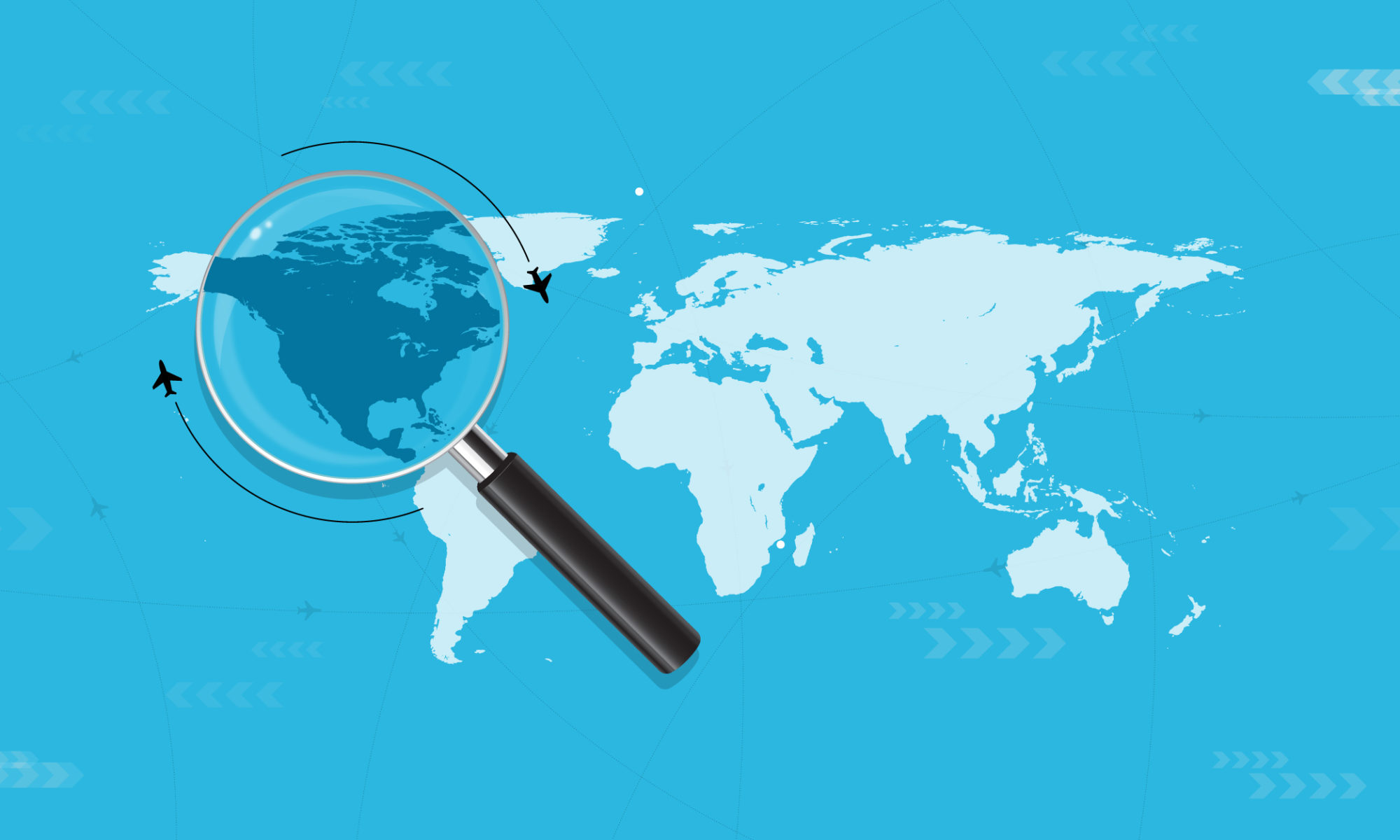 Vector image of a magnifying glass on top of Canada, in a world map