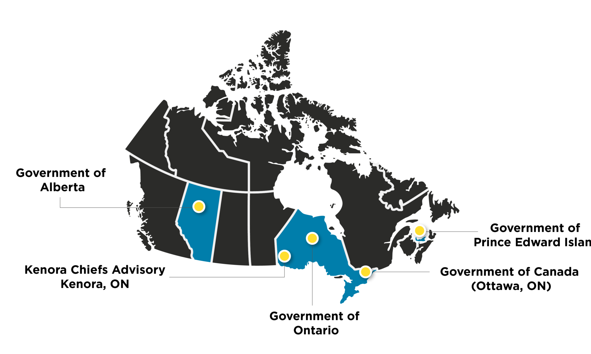 Map of Canada including where cases of the Public Service Innovation During COVID-19 project are from