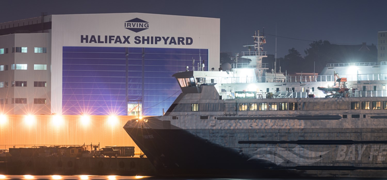 Bay Ferries' Fundy Rose is docked at Irving's Halifax Shipyard in Halifax Harbour at night. The ferry replaces the Princess of Acadia and will provide a passenger ferry service from Saint John New Brunswick to Digby Nova Scotia across the Bay of Fundy.