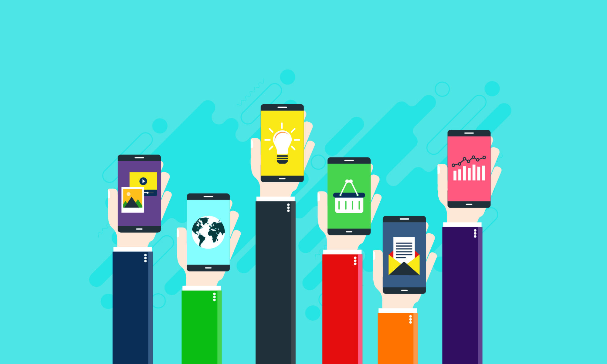 Vector art of multiple hands holding up smart phones with various data on the screens