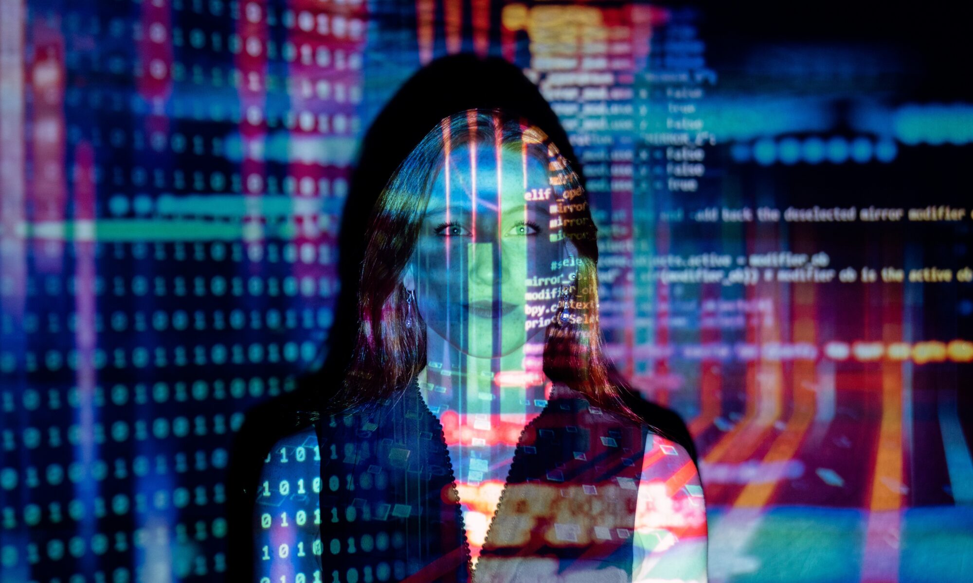 Image of woman looking at camera with numbers in a design overlaid on her