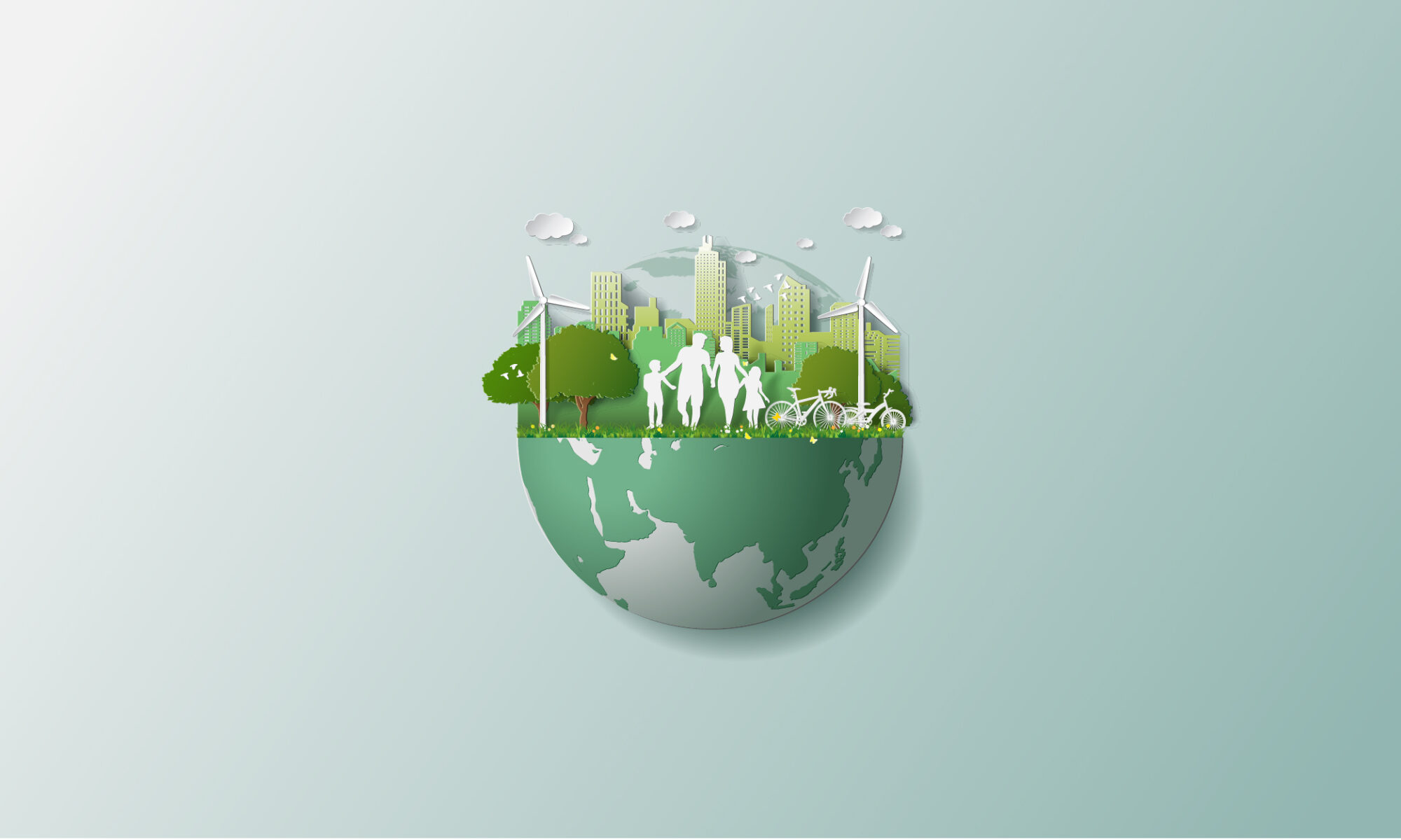 Vector image of a globe with greenery, people walking, and windmills