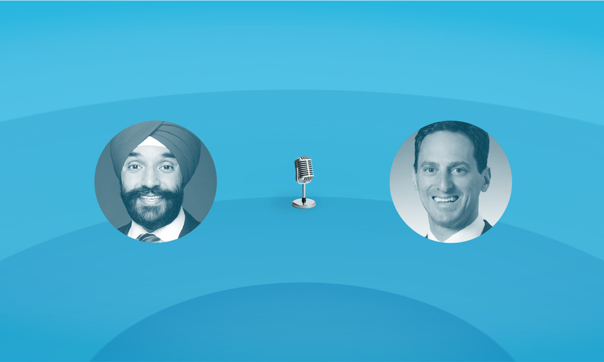 Headshots of Dan Goldberg, President and CEO of Telesat and the Honourable Navdeep Bains, former Minister of Innovation, Science and Economic Development against a blue background