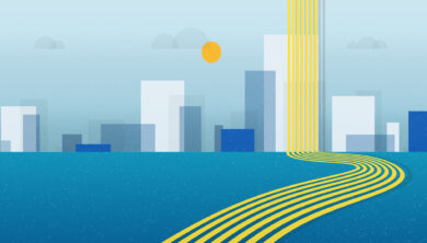 Vector artwork of a yellow path arch over a city