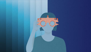 Illustrated image of a woman testing her eyesight