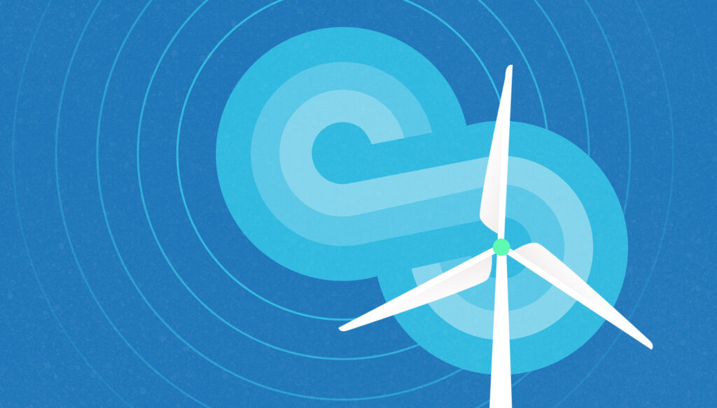 Illustration of an offshore windmill with the blades against an infinity sign