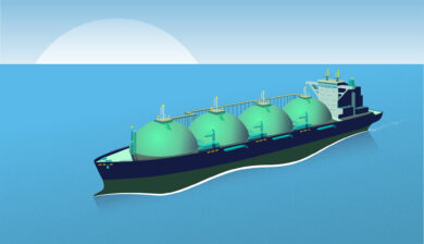 An illustration of a specialized LNG tanker in the ocean