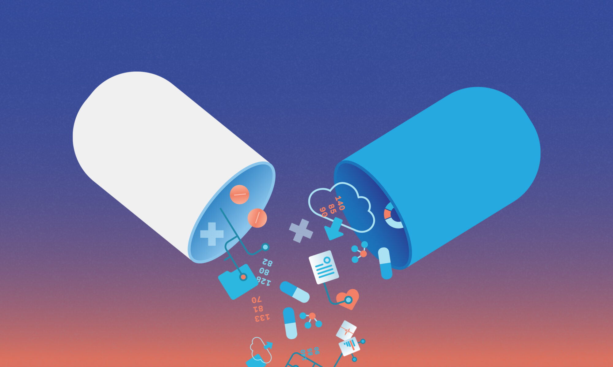 Illustration of a pill opening. Icons depicting data and information are spilling out of the open pill