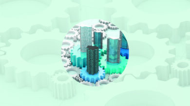 Illustration of cities and cogs