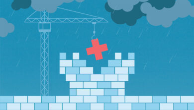 An illustration of a crane placing a plus sign into a fortress signifying the health gaps we need to fill